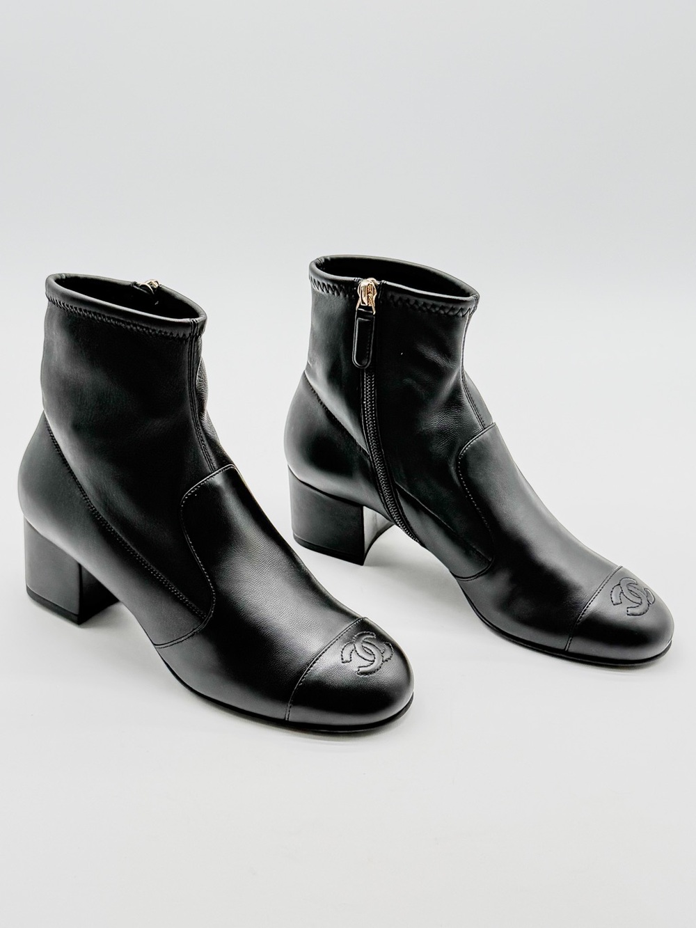 CHANEL CC Logo Cap Toe Stretch Lambskin Uniform Short Boots Black Block Heel 37
